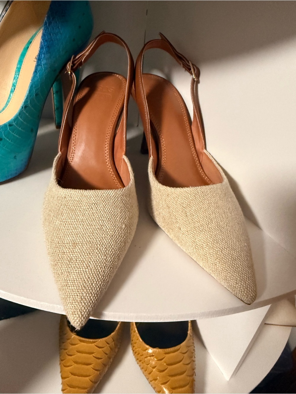 Women’s Beige canvas Slingback Pointed-Toe Heels